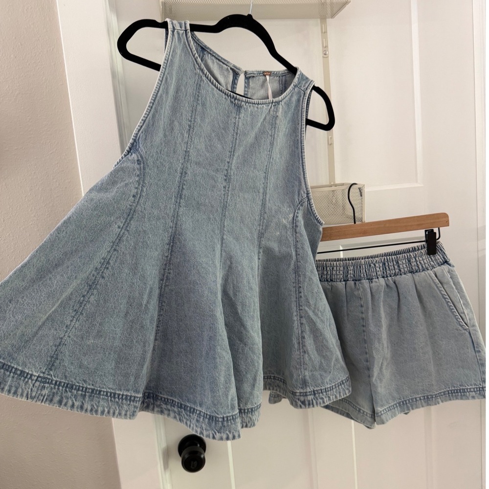 Free People Cassius Denim Matching Set Blue Sleeveless Tunic Shorts XS New*